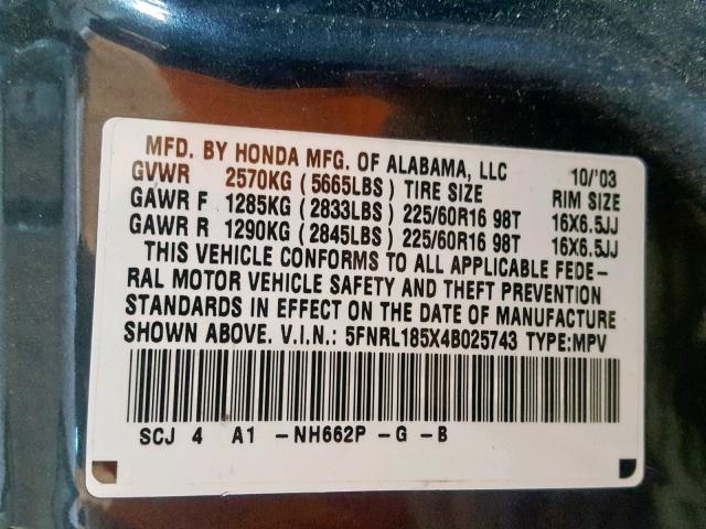 5FNRL185X4B025743 - 2004 HONDA ODYSSEY LX GRAY photo 10