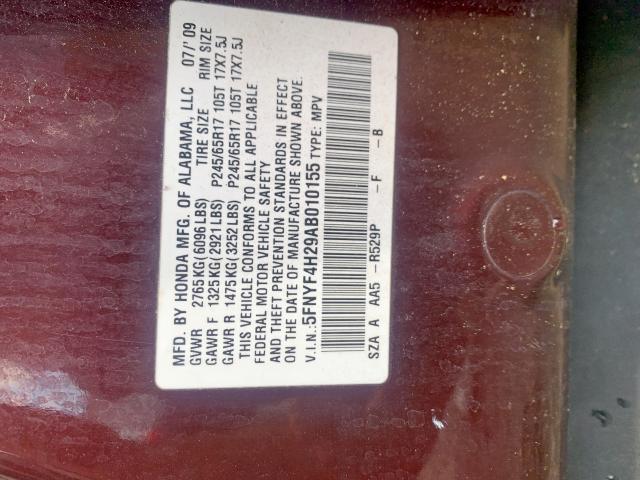 5FNYF4H29AB010155 - 2010 HONDA PILOT LX RED photo 10