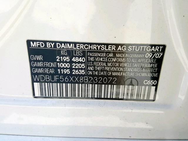 WDBUF56XX8B232072 - 2008 MERCEDES-BENZ E 350 WHITE photo 10