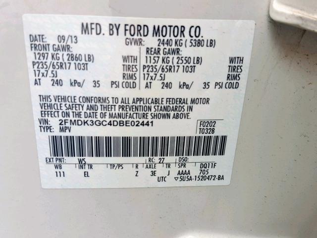 2FMDK3GC4DBE02441 - 2013 FORD EDGE SE WHITE photo 10