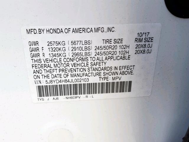 5J8YD4H84JL002103 - 2018 ACURA MDX ADVANC WHITE photo 10