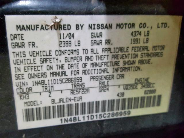 1N4BL11D15C286959 - 2005 NISSAN ALTIMA SE BLACK photo 10