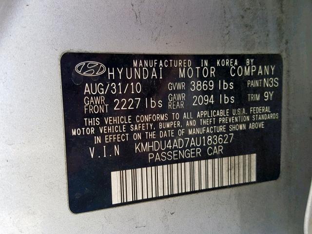 KMHDU4AD7AU183627 - 2010 HYUNDAI ELANTRA BL SILVER photo 10