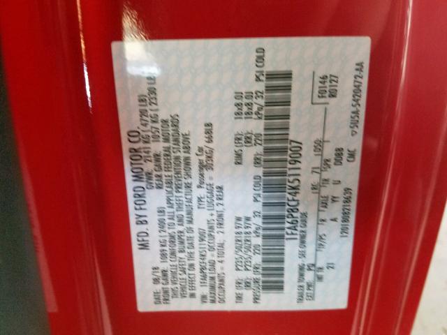 1FA6P8CF4K5119007 - 2019 FORD MUSTANG GT RED photo 10