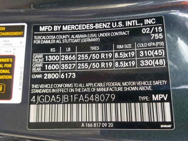 4JGDA5JB1FA548079 - 2015 MERCEDES-BENZ ML 350 CHARCOAL photo 10