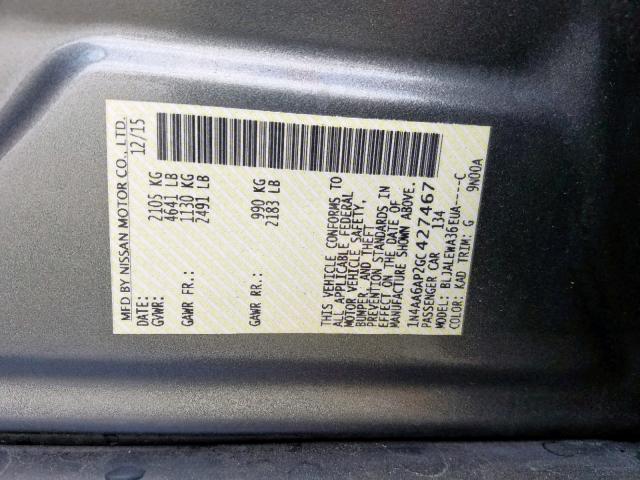 1N4AA6AP2GC427467 - 2016 NISSAN MAXIMA 3.5 GRAY photo 10