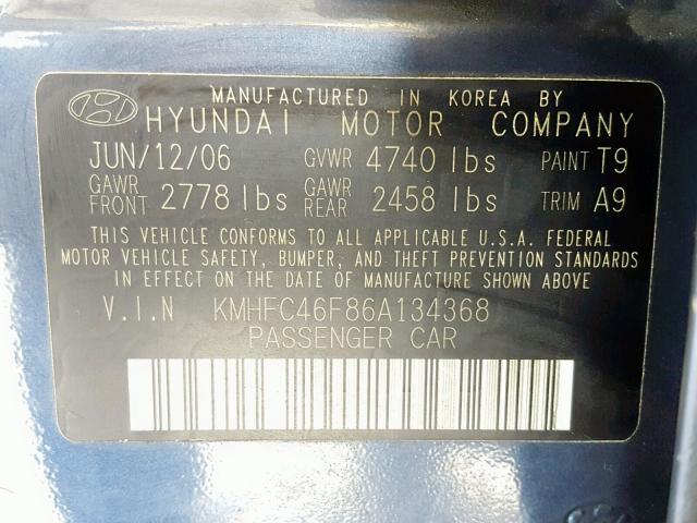 KMHFC46F86A134368 - 2006 HYUNDAI AZERA SE BLUE photo 10