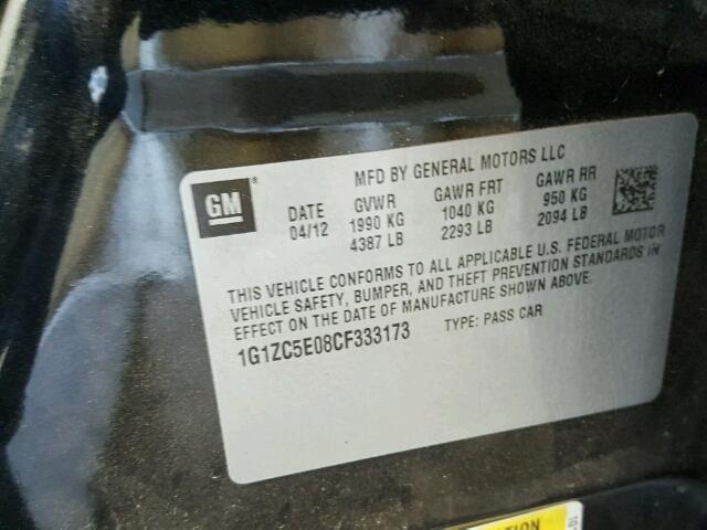 1G1ZC5E08CF333173 - 2012 CHEVROLET MALIBU 1LT BLACK photo 10