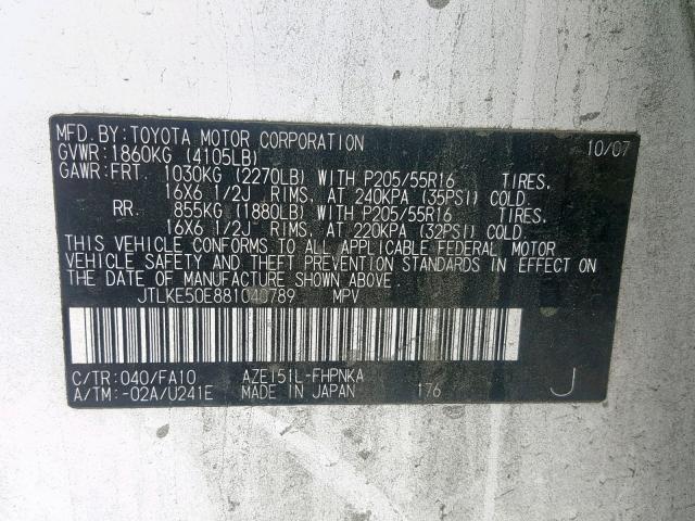 JTLKE50E881040789 - 2008 TOYOTA SCION XB 白色 照片 10