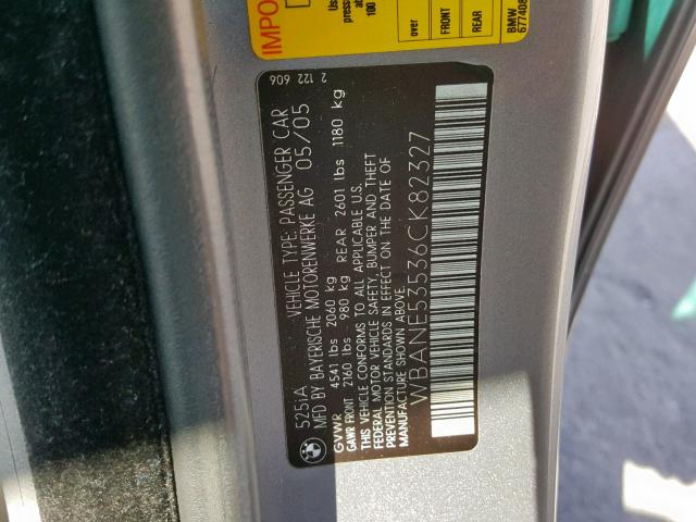 WBANE53536CK82327 - 2006 BMW 525 I GRAY photo 10