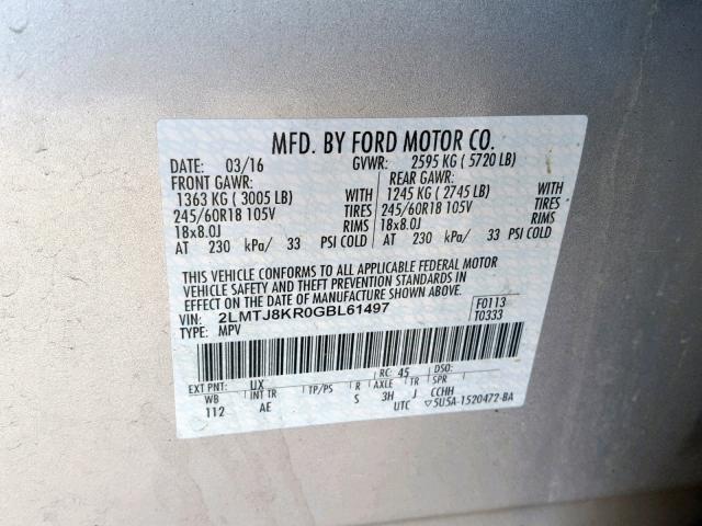 2LMTJ8KR0GBL61497 - 2016 LINCOLN MKX SELECT SILVER photo 10