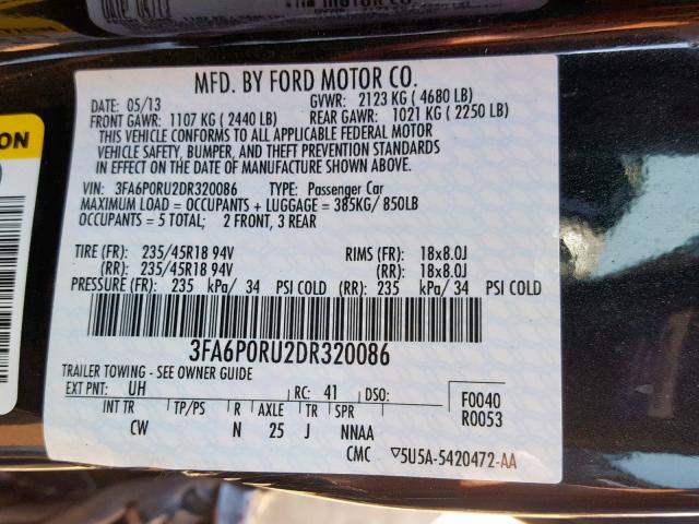 3FA6P0RU2DR320086 - 2013 FORD FUSION TIT BLACK photo 10