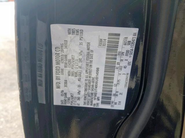 1FMEU74806UB14998 - 2006 FORD EXPLORER E BLACK photo 10