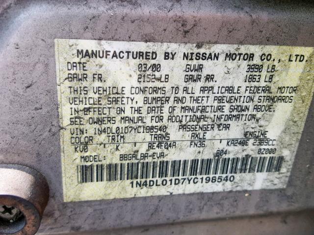 1N4DL01D7YC198540 - 2000 NISSAN ALTIMA XE BEIGE photo 10