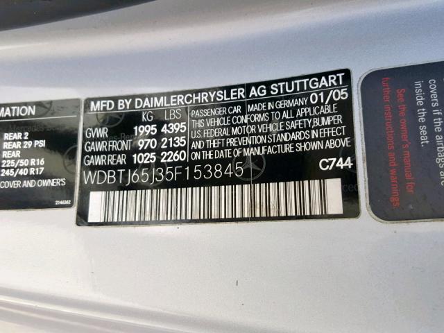 WDBTJ65J35F153845 - 2005 MERCEDES-BENZ CLK 320C SILVER photo 10