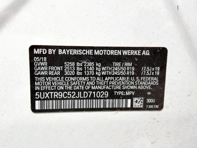 5UXTR9C52JLD71029 - 2018 BMW X3 XDRIVE3 WHITE photo 10