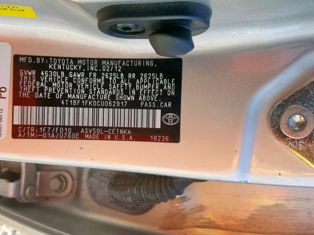 4T1BF1FK0CU062917 - 2012 TOYOTA CAMRY BASE SILVER photo 10
