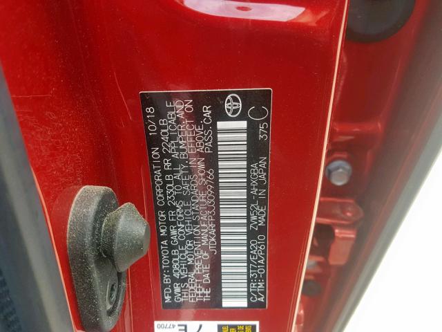 JTDKARFP3J3099766 - 2018 TOYOTA PRIUS PRIM 红色 照片 10