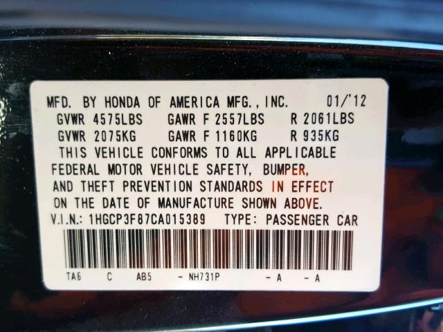 1HGCP3F87CA015389 - 2012 HONDA ACCORD EXL BLACK photo 10