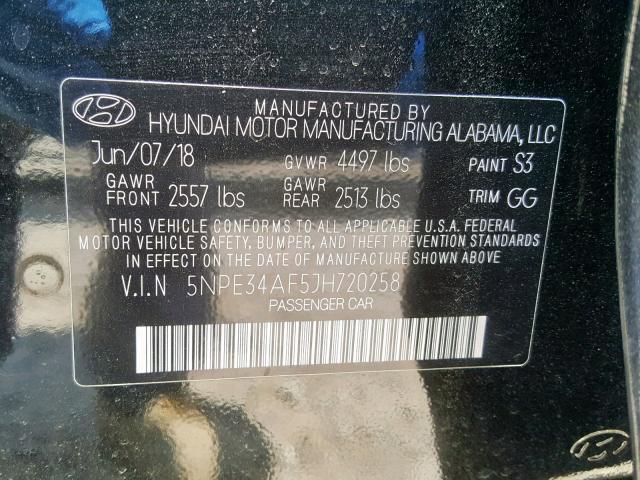 5NPE34AF5JH720258 - 2018 HYUNDAI SONATA SPO BLACK photo 10