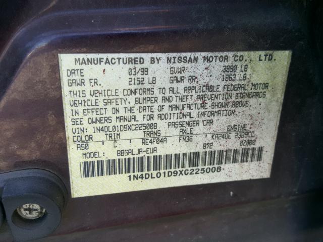 1N4DL01D9XC225008 - 1999 NISSAN ALTIMA XE BURGUNDY photo 10