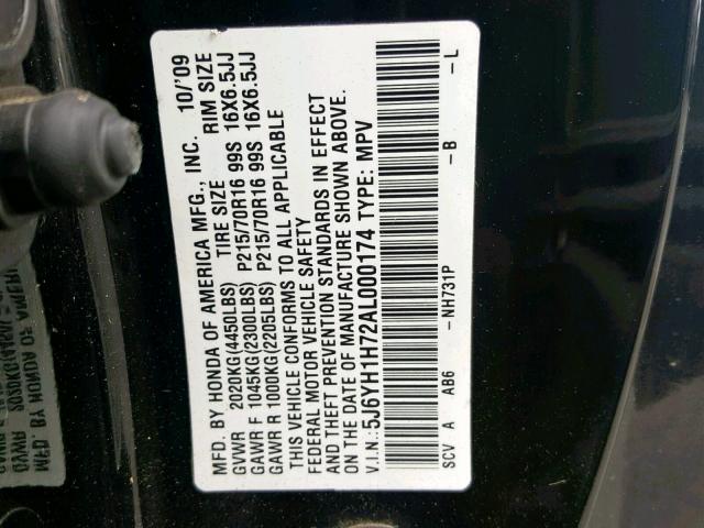 5J6YH1H72AL000174 - 2010 HONDA ELEMENT EX BLACK photo 10