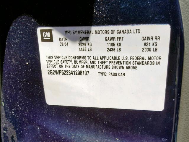 2G2WP522451267692 - 2005 PONTIAC GRAND PRIX BLUE photo 10