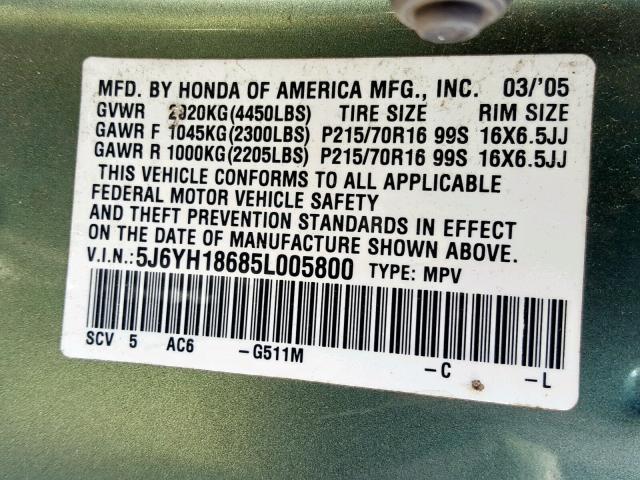 5J6YH18685L005800 - 2005 HONDA ELEMENT EX GREEN photo 10