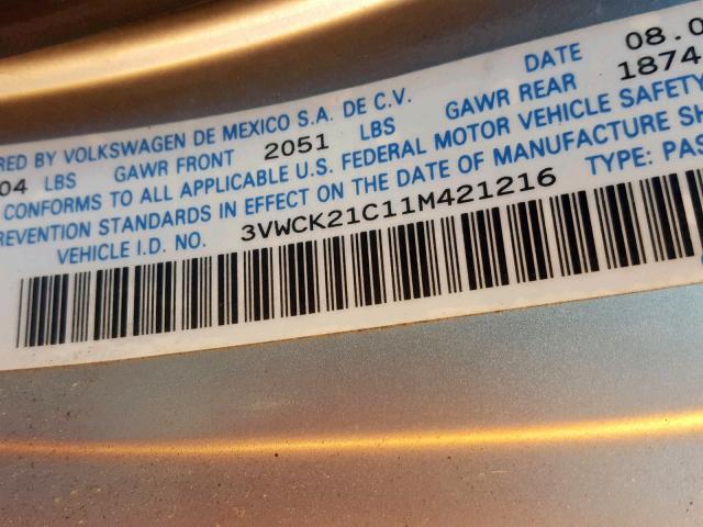 3VWCK21C11M421216 - 2001 VOLKSWAGEN NEW BEETLE 银色 照片 10