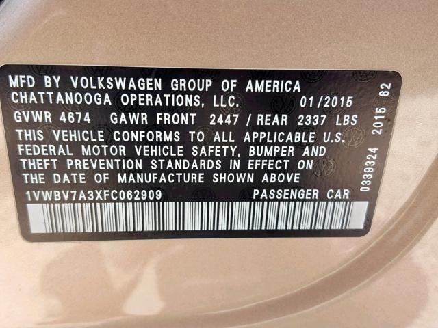 1VWBV7A3XFC062909 - 2015 VOLKSWAGEN PASSAT SE TAN photo 10