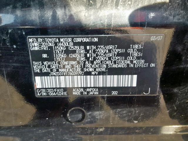 JTMZD31V176039792 - 2007 TOYOTA RAV4 LIMIT BLACK photo 10