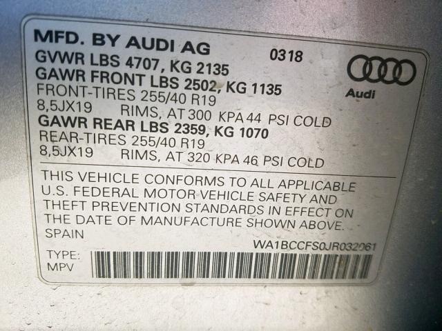 WA1BCCFS0JR032061 - 2018 AUDI Q3 PREMIUM GRAY photo 10