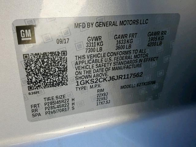 1GKS2CKJ6JR117562 - 2018 GMC YUKON DENA SILVER photo 10