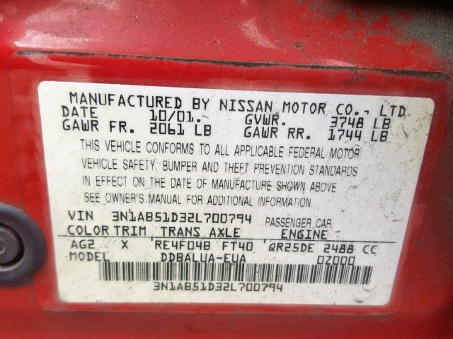 3N1AB51D32L700794 - 2002 NISSAN SENTRA SE- RED photo 10