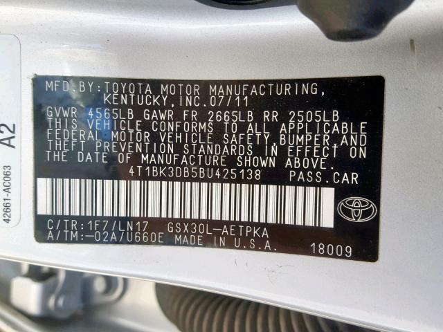 4T1BK3DB5BU425138 - 2011 TOYOTA AVALON BAS SILVER photo 10