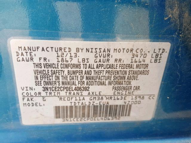 3N1CE2CP0EL406392 - 2014 NISSAN VERSA NOTE BLUE photo 10