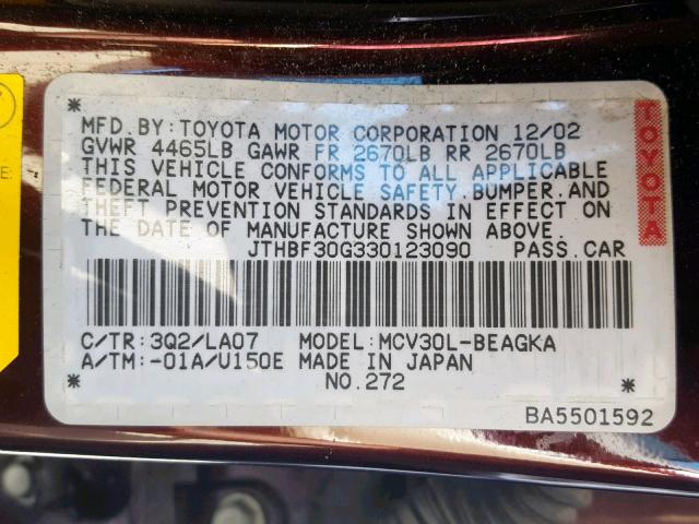 JTHBF30G330123090 - 2003 LEXUS ES 300 BURGUNDY photo 10