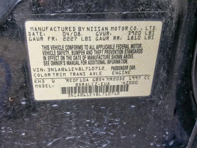 3N1AB61E48L710712 - 2008 NISSAN SENTRA 2.0 BLACK photo 10