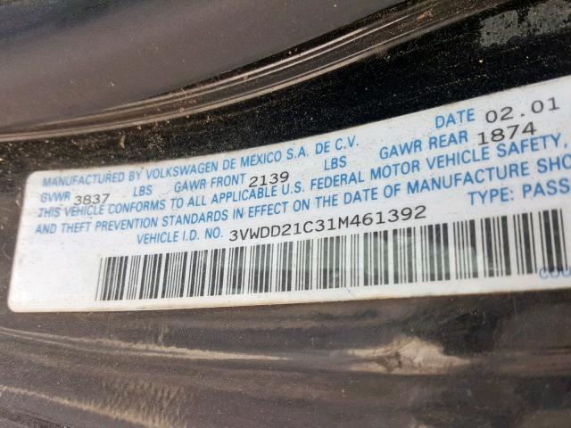 3VWDD21C31M461392 - 2001 VOLKSWAGEN NEW BEETLE შავი ფოტო 10