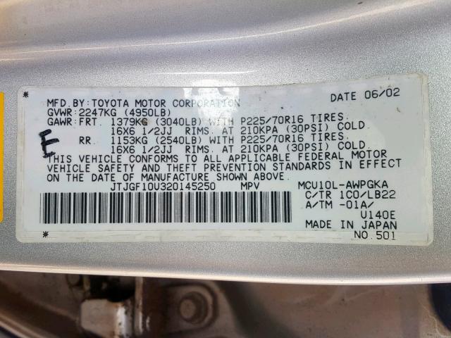 JTJGF10U320145250 - 2002 LEXUS RX 300 SILVER photo 10