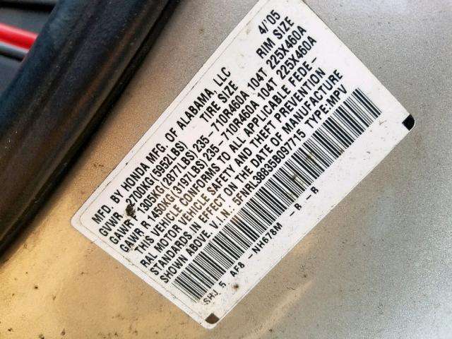 5FNRL38835B097715 - 2005 HONDA ODYSSEY TO SILVER photo 10