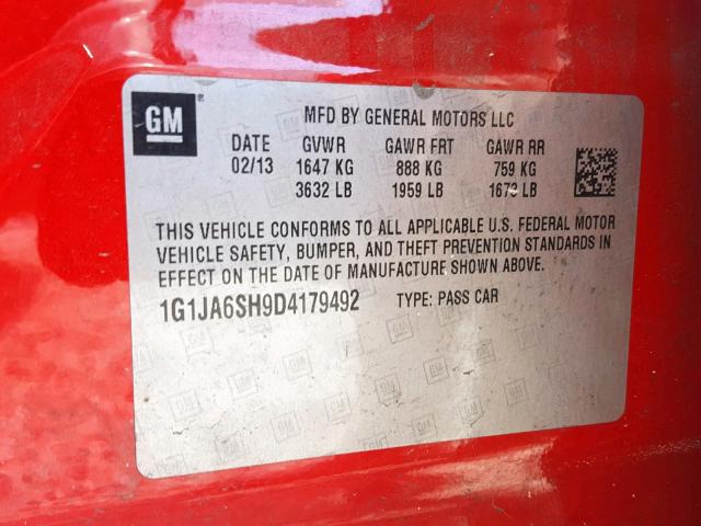 1G1JA6SH9D4179492 - 2013 CHEVROLET SONIC LS 红色 照片 10