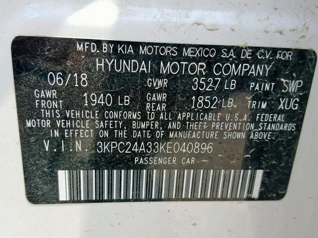 3KPC24A33KE040896 - 2019 HYUNDAI ACCENT SE WHITE photo 10