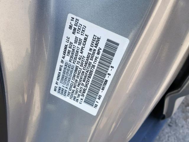 5FNRL5H2XFB009736 - 2015 HONDA ODYSSEY LX SILVER photo 10