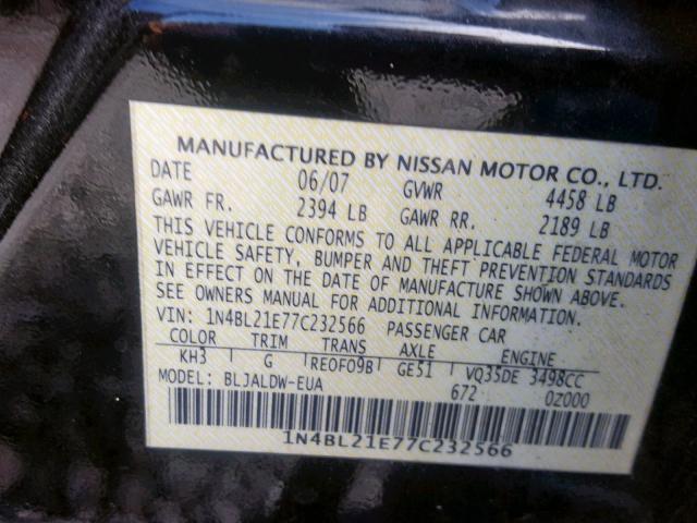 1N4BL21E77C232566 - 2007 NISSAN ALTIMA 3.5 BLACK photo 10