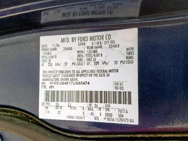 1FMEU64817UA85474 - 2007 FORD EXPLORER E BLUE photo 10