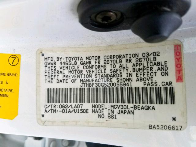 JTHBF30G520055941 - 2002 LEXUS ES 300 WHITE photo 10