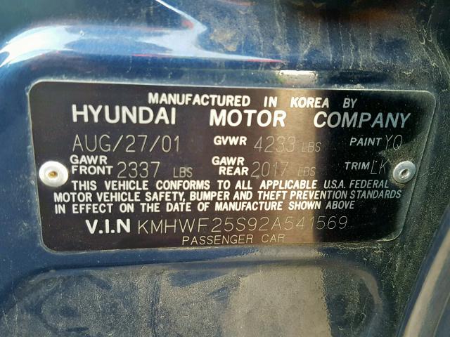 KMHWF25S92A541569 - 2002 HYUNDAI SONATA GL BLUE photo 10