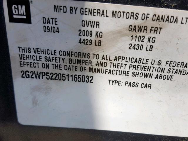 2G2WP522051165032 - 2005 PONTIAC GRAND PRIX GRAY photo 10