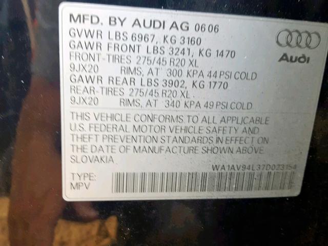 WA1AV94L37D023154 - 2007 AUDI Q7 4.2 QUA BLUE photo 10